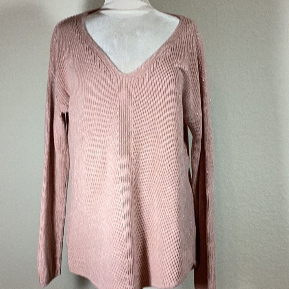 a.n.a. Women’s Sweater Pink Size Large Knit Metallic Thread V-Neck Scoop Hem